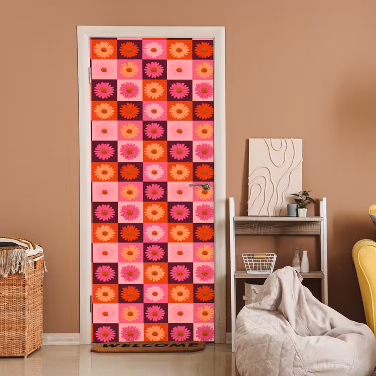 Madeliefjes - Dambord - Retro - Roze - Oranje deurposter klein 289 -sfeer1