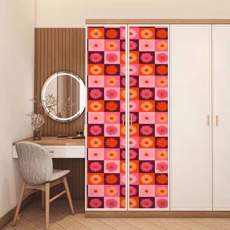 Madeliefjes - Dambord - Retro - Roze - Oranje deurposter klein 289 -sfeer3