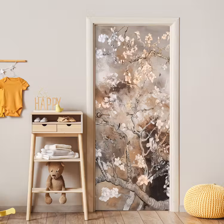Amandelbloesem - Kunst - Van Gogh - Beige - Abstract deurposter klein -sfeer4