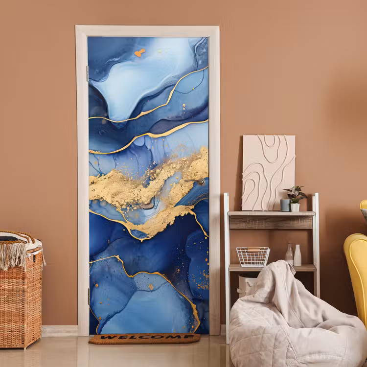 Marmer - Blauw - Goud - Abstract deurposter klein -sfeer1