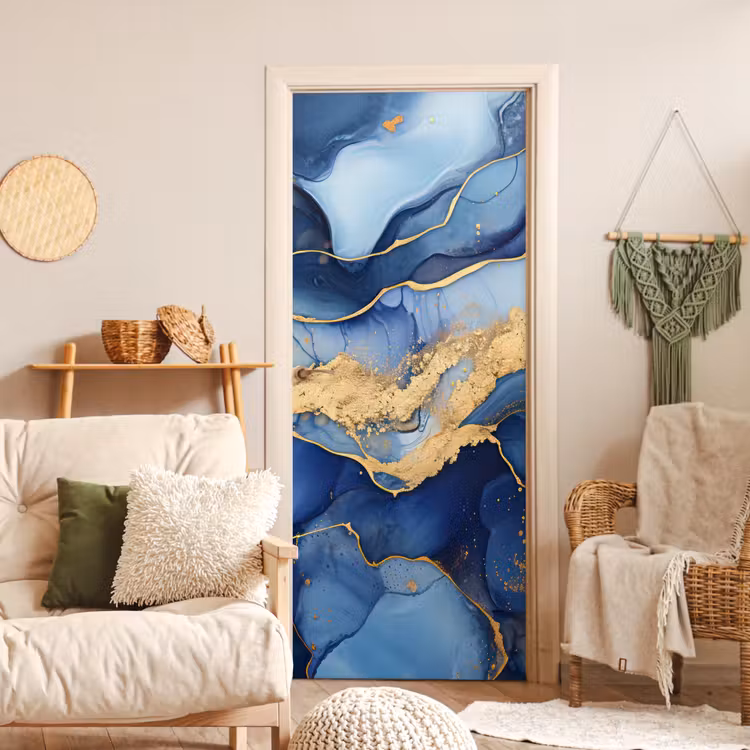 Marmer - Blauw - Goud - Abstract deurposter klein -sfeer2