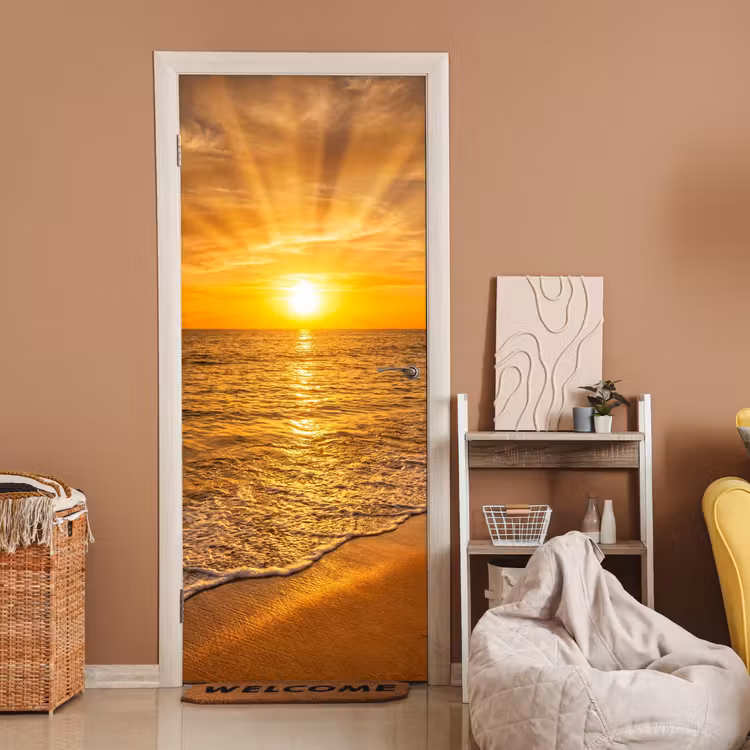Zee - Zonsondergang - Golven - Kust - Oranje deurposter klein -sfeer1