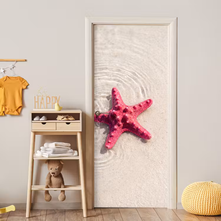 Zeeleven - Zeester - Strand - Roze - Water deurposter klein -sfeer4