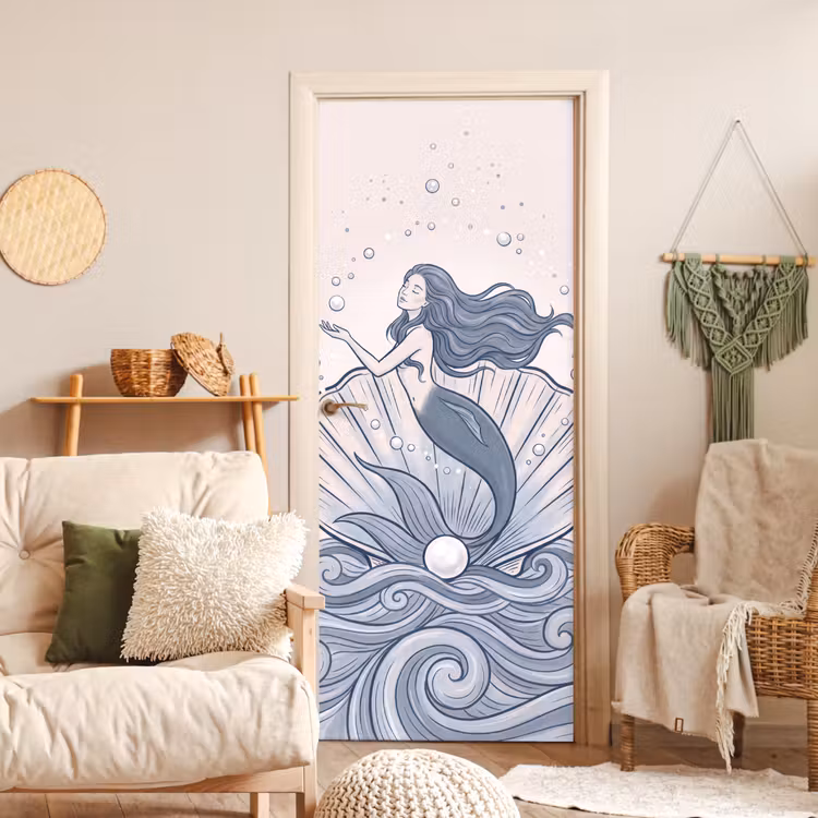 Zeemeermin - Schelp - Zee - Fantasie - Blauw deurposter klein -sfeer2