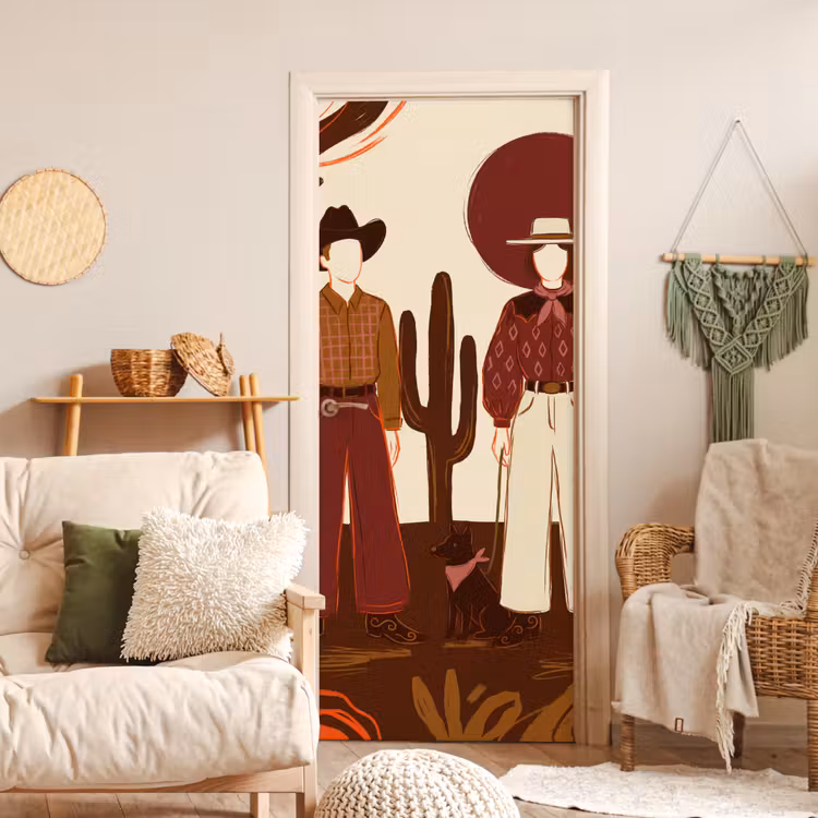 Mensen - Cowboykleding - Westerse stijl - Illustratie - Bruin deurposter klein -sfeer2