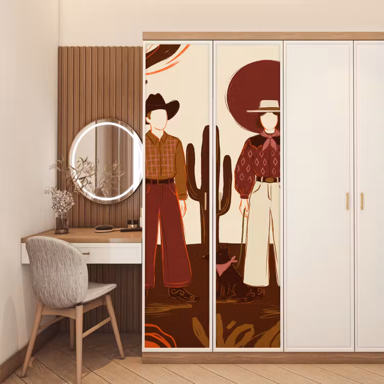 Mensen - Cowboykleding - Westerse stijl - Illustratie - Bruin deurposter klein -sfeer3