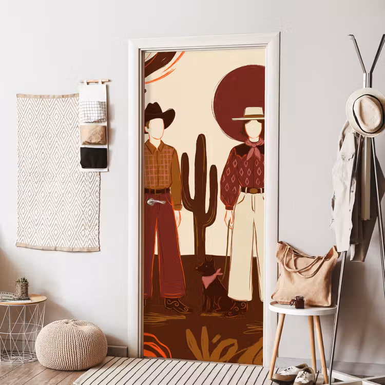 Mensen - Cowboykleding - Westerse stijl - Illustratie - Bruin deurposter klein -sfeer6