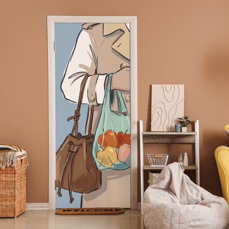 Mensen - Boodschappen - Stadsleven - Modern - Kleurrijk deurposter klein -sfeer1