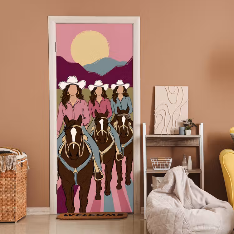 Mensen - Paard - Woestijn - Abstract - Roze deurposter klein -sfeer1