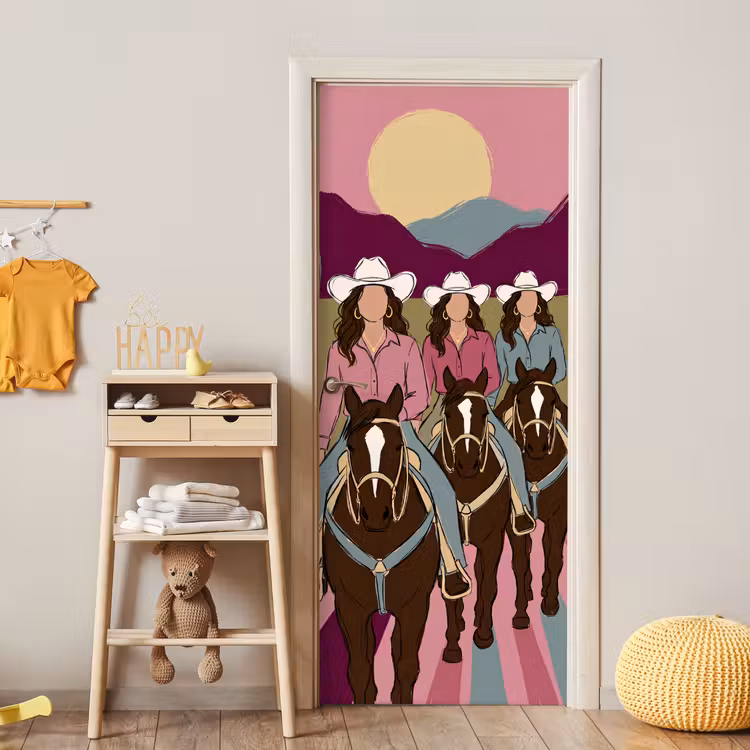 Mensen - Paard - Woestijn - Abstract - Roze deurposter klein -sfeer4