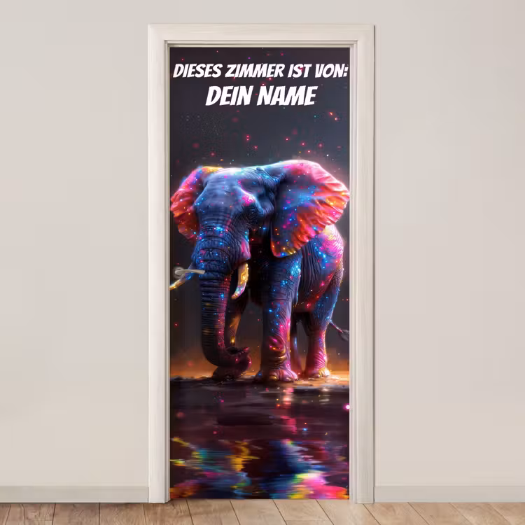 Bunter Neon-Elefant mit Namensfeld. deurposter klein -3d_beige