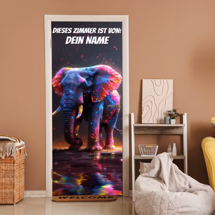 Bunter Neon-Elefant mit Namensfeld. deurposter klein -sfeer1
