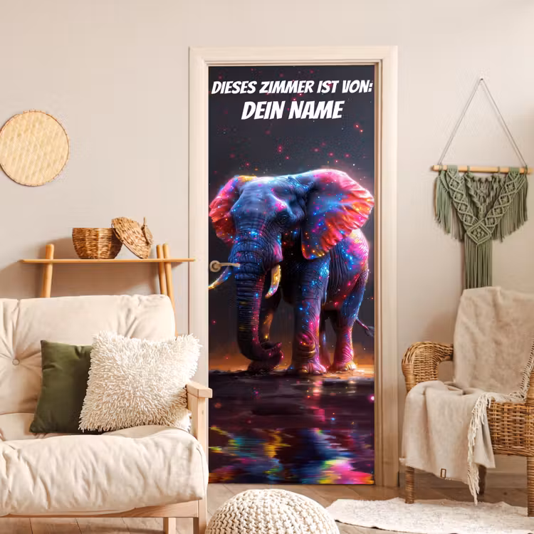 Bunter Neon-Elefant mit Namensfeld. deurposter klein -sfeer2