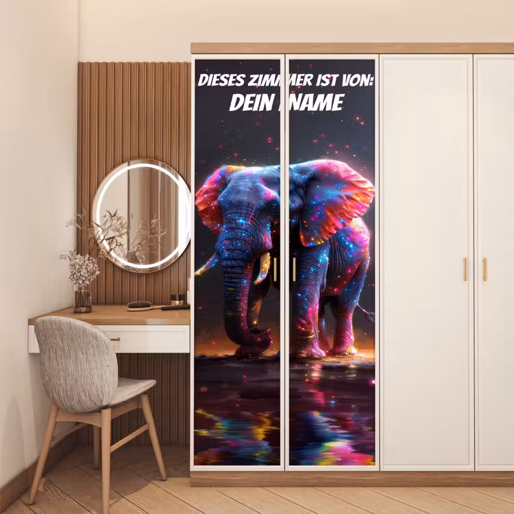 Bunter Neon-Elefant mit Namensfeld. deurposter klein -sfeer3