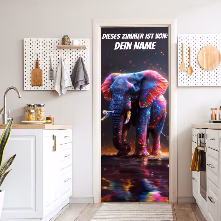 Bunter Neon-Elefant mit Namensfeld. deurposter klein -sfeer5