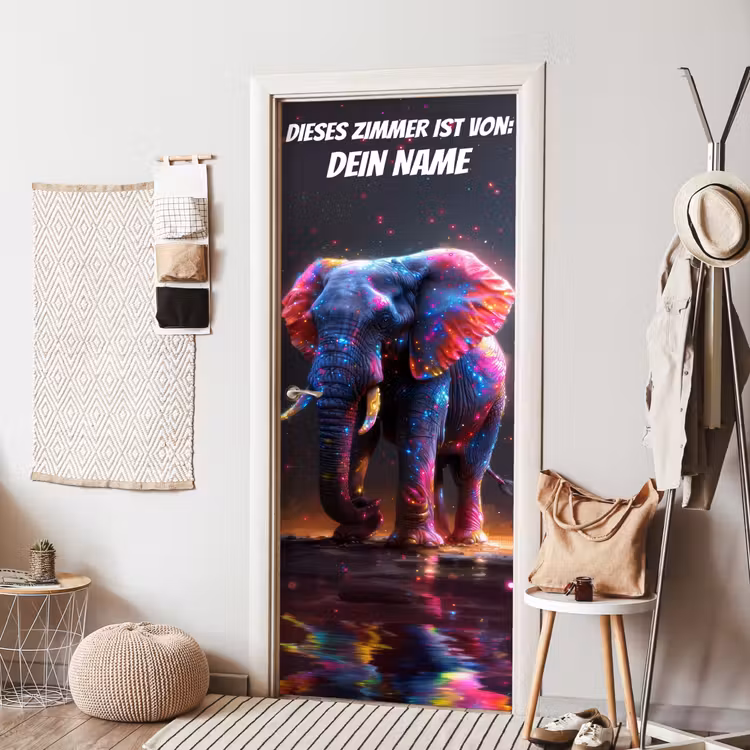 Bunter Neon-Elefant mit Namensfeld. deurposter klein -sfeer6