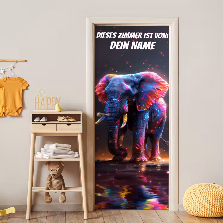 Bunter Neon-Elefant mit Namensfeld. deurposter klein -sfeer4