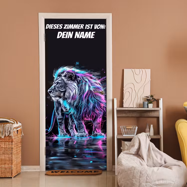 Neon-Löwe auf dunklem Hintergrund mit Namensfeld. deurposter klein -sfeer1