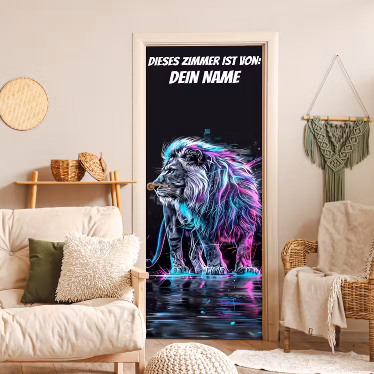 Neon-Löwe auf dunklem Hintergrund mit Namensfeld. deurposter klein -sfeer2