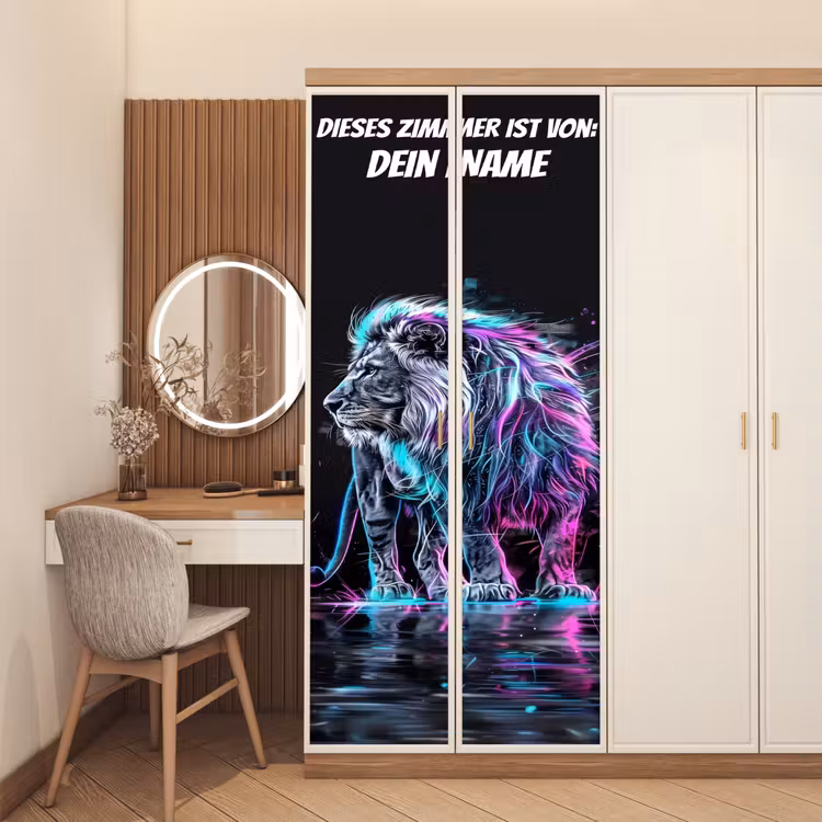 Neon-Löwe auf dunklem Hintergrund mit Namensfeld. deurposter klein -sfeer3