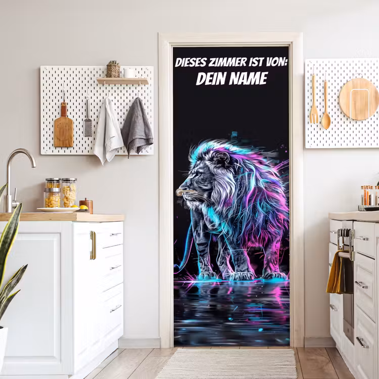Neon-Löwe auf dunklem Hintergrund mit Namensfeld. deurposter klein -sfeer5
