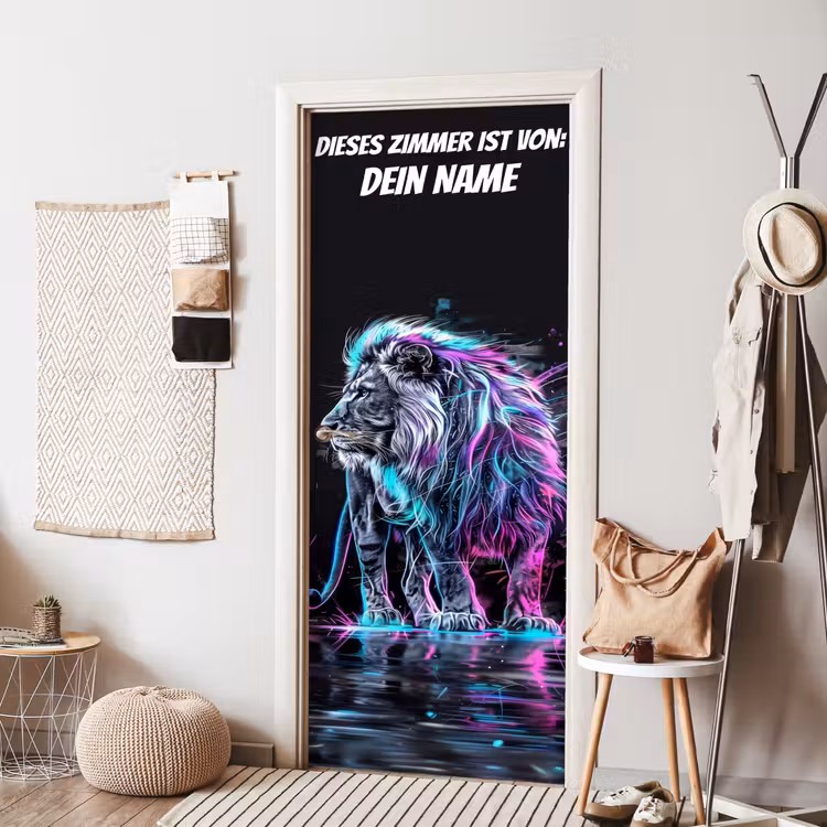 Neon-Löwe auf dunklem Hintergrund mit Namensfeld. deurposter klein -sfeer6