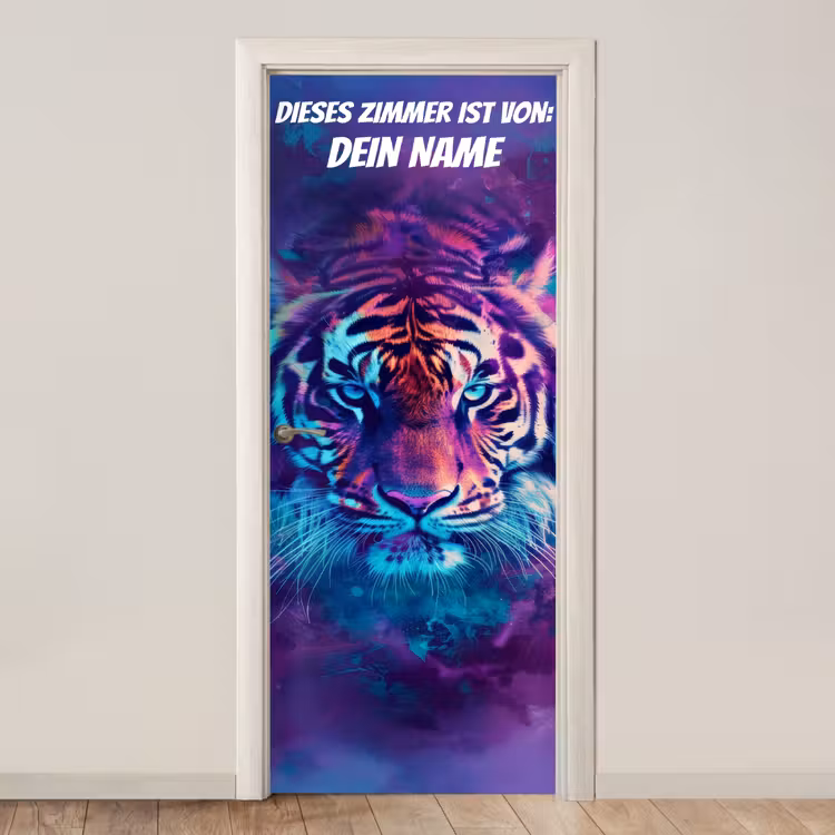 Neon-Tigerporträt mit Namensfeld. deurposter klein -3d_beige
