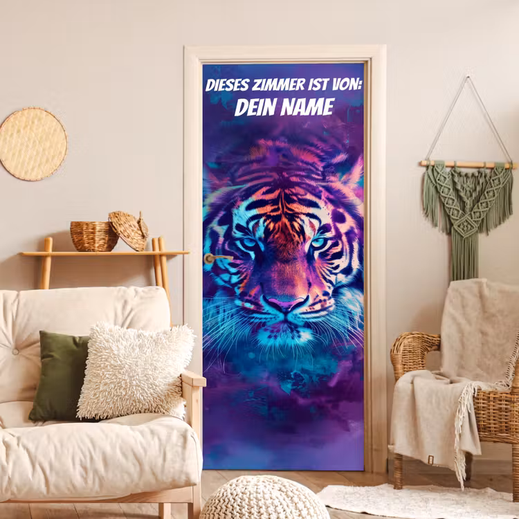 Neon-Tigerporträt mit Namensfeld. deurposter klein -sfeer2