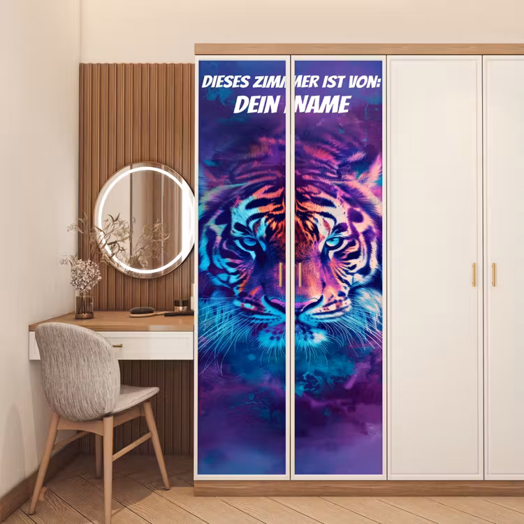Neon-Tigerporträt mit Namensfeld. deurposter klein -sfeer3
