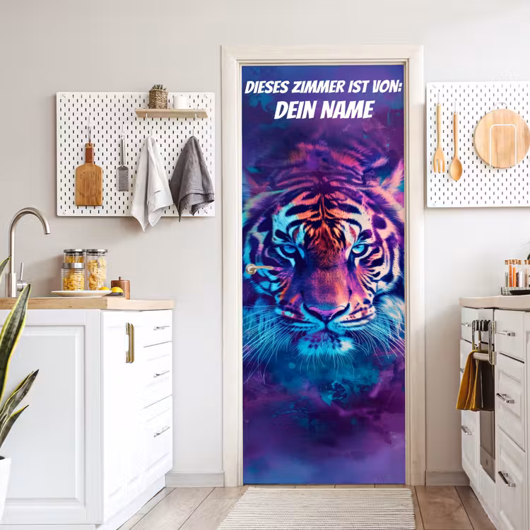 Neon-Tigerporträt mit Namensfeld. deurposter klein -sfeer5