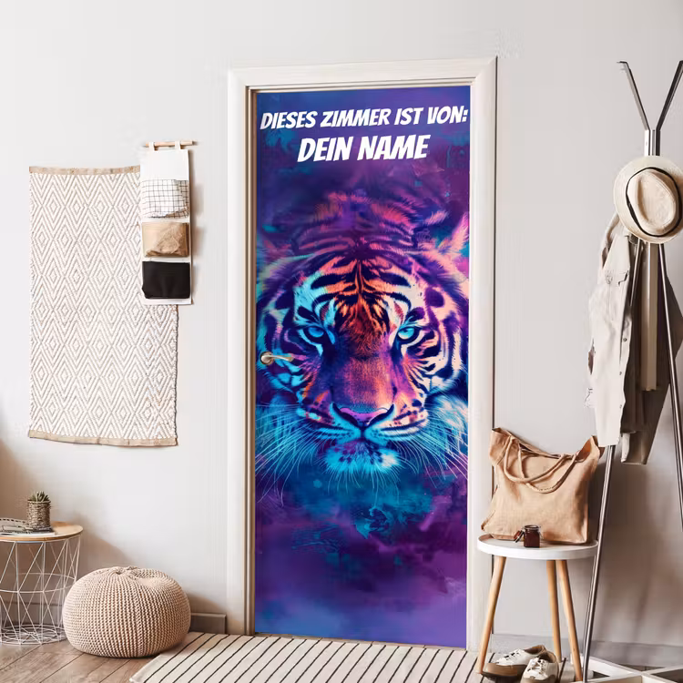 Neon-Tigerporträt mit Namensfeld. deurposter klein -sfeer6