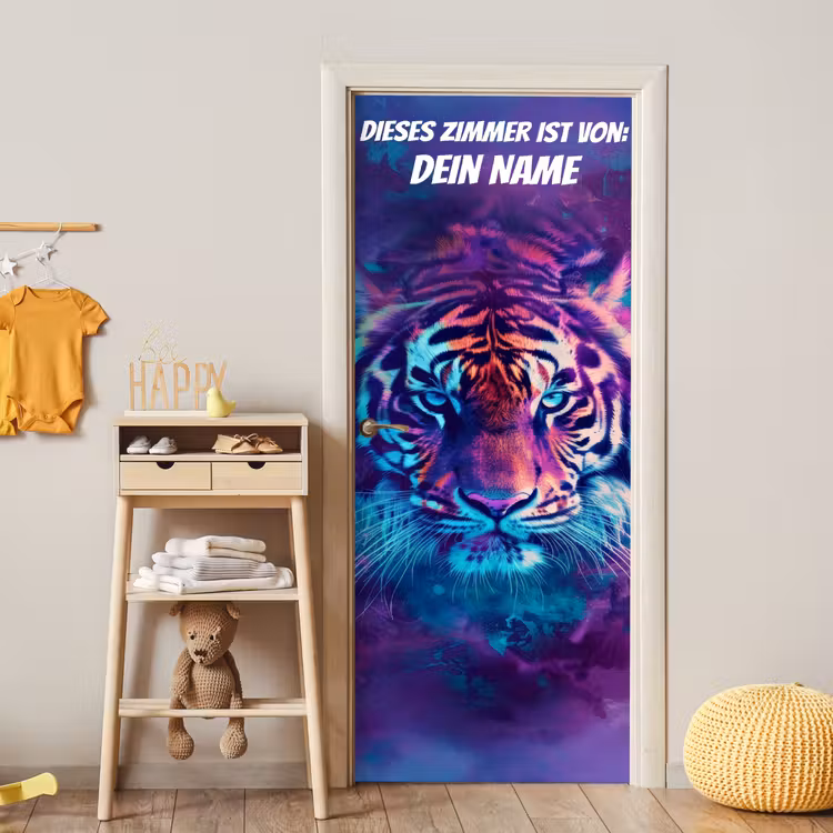 Neon-Tigerporträt mit Namensfeld. deurposter klein -sfeer4