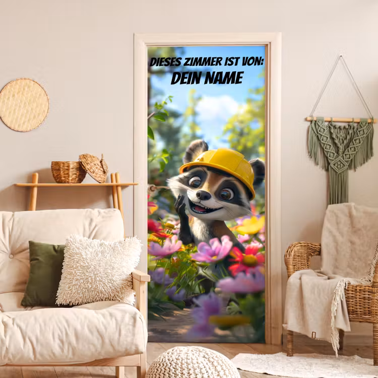 Süßes Tier mit Bauhelm im Blumenfeld. deurposter klein -sfeer2