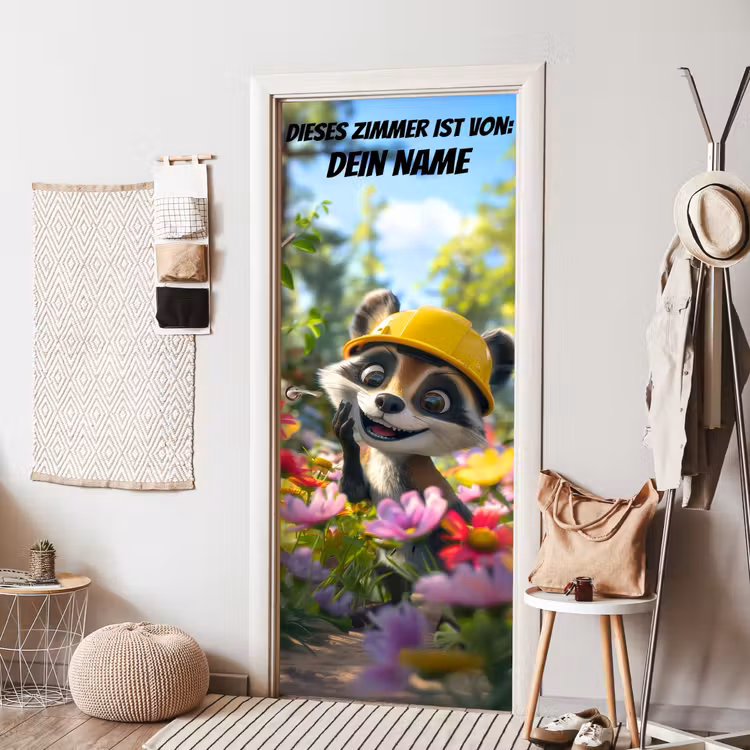 Süßes Tier mit Bauhelm im Blumenfeld. deurposter klein -sfeer6