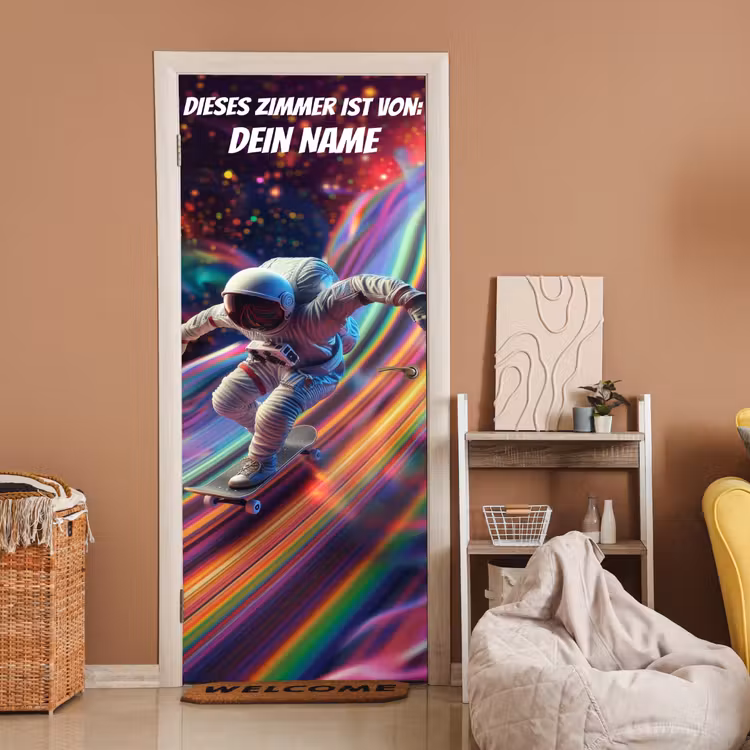 Astronaut auf Skateboard im bunten Weltraum mit personalisierbarem Namensfeld. deurposter klein -sfeer1