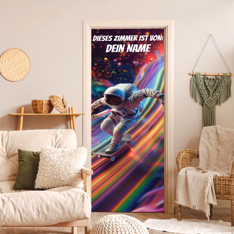 Astronaut auf Skateboard im bunten Weltraum mit personalisierbarem Namensfeld. deurposter klein -sfeer2