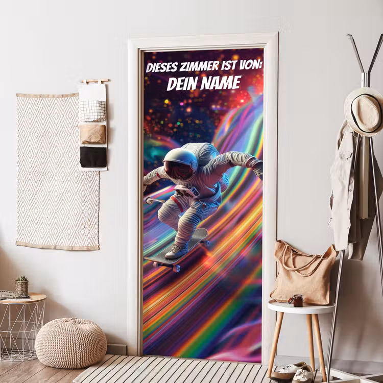 Astronaut auf Skateboard im bunten Weltraum mit personalisierbarem Namensfeld. deurposter klein -sfeer6