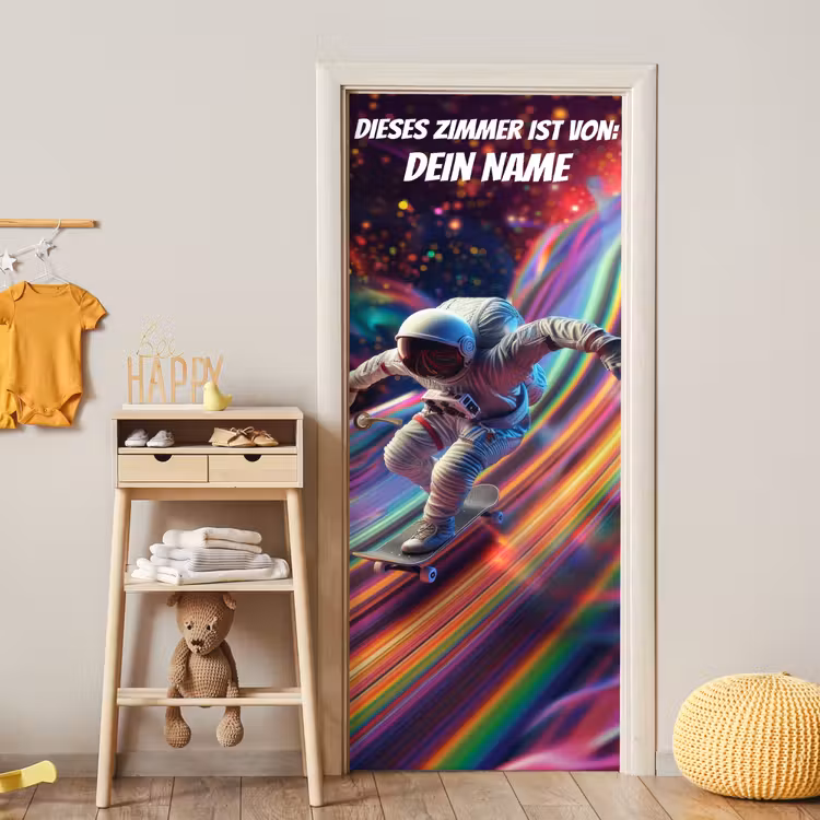 Astronaut auf Skateboard im bunten Weltraum mit personalisierbarem Namensfeld. deurposter klein -sfeer4