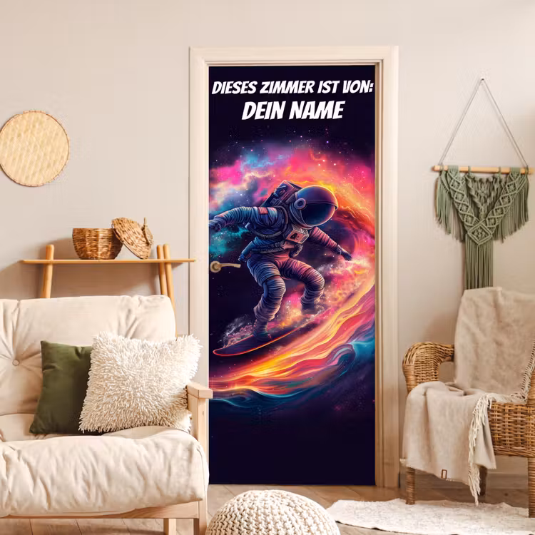 Astronaut surft durch das Weltall mit personalisierbarem Namensfeld. deurposter klein -sfeer2
