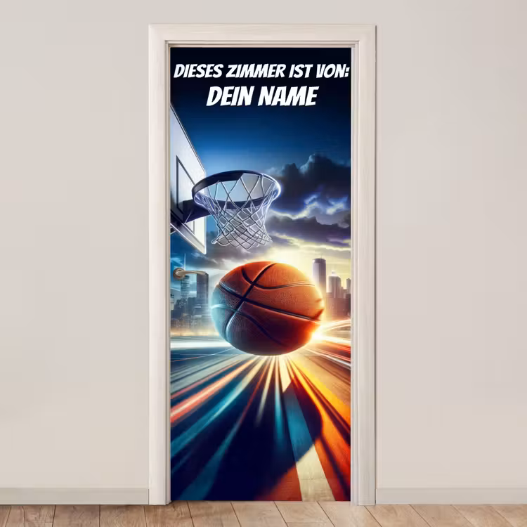 Basketballkorb mit Ball und Namensfeld. deurposter klein -3d_beige