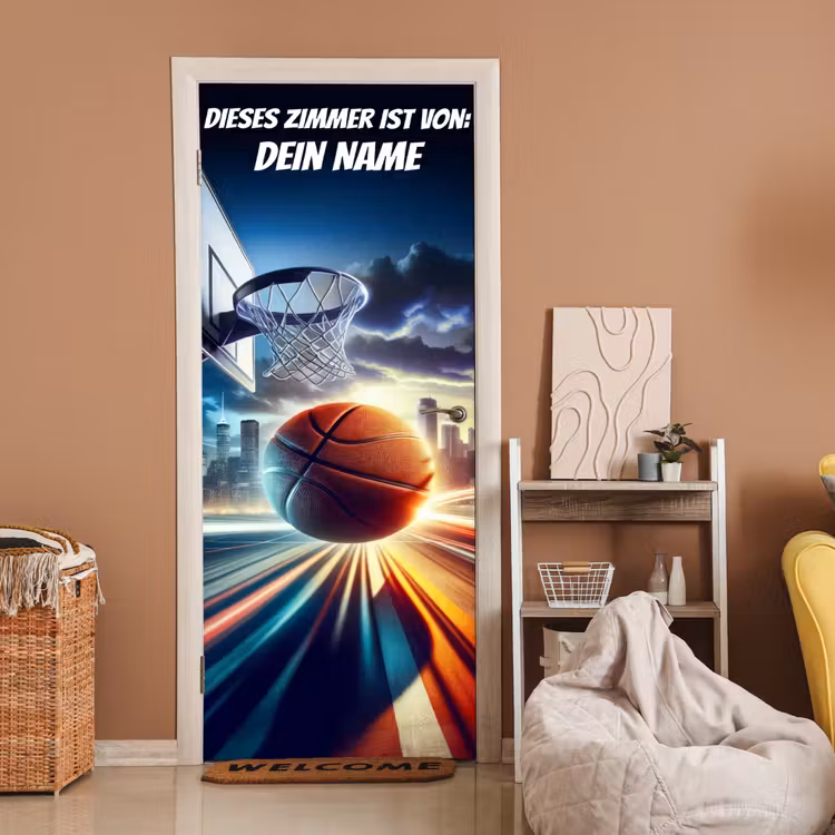 Basketballkorb mit Ball und Namensfeld. deurposter klein -sfeer1