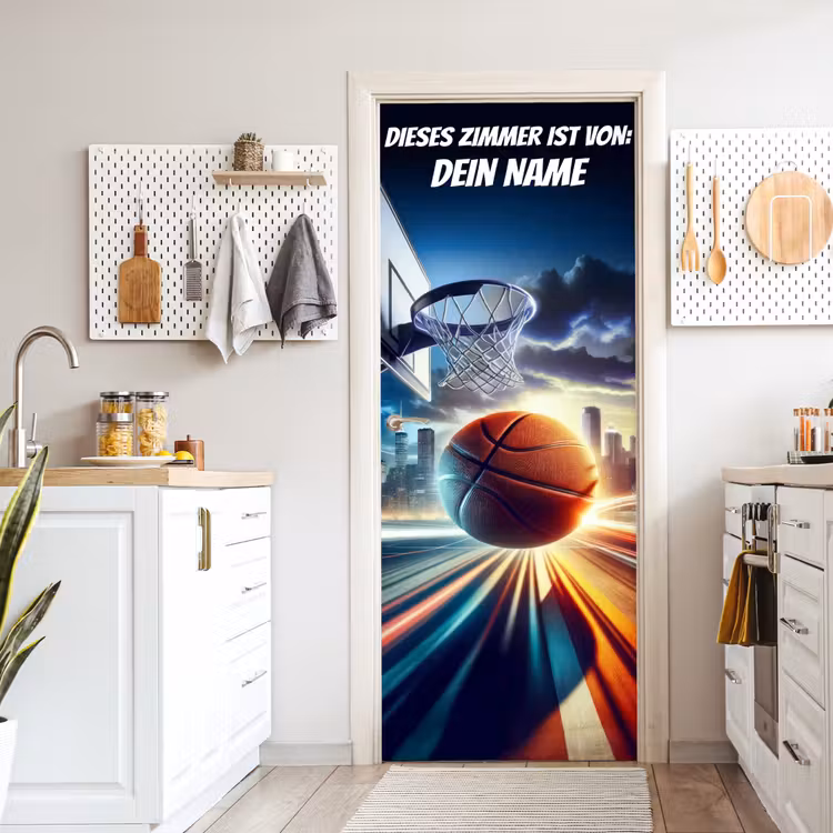 Basketballkorb mit Ball und Namensfeld. deurposter klein -sfeer5
