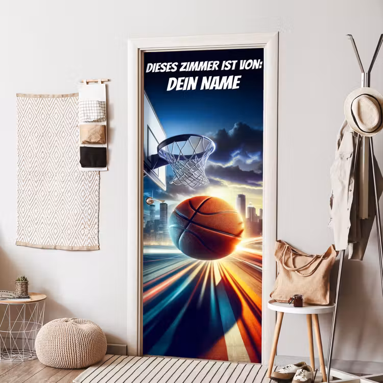 Basketballkorb mit Ball und Namensfeld. deurposter klein -sfeer6