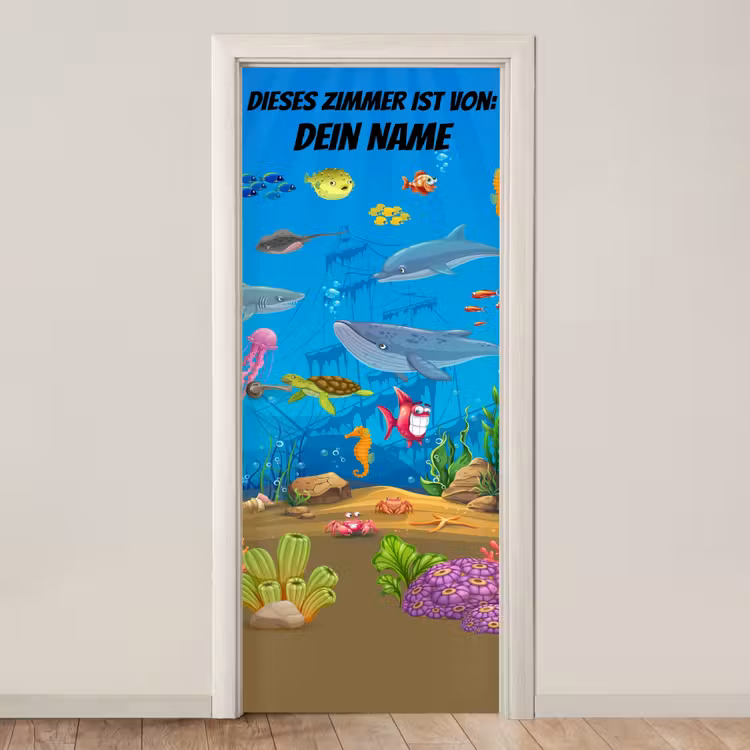 Bunte Unterwasserwelt mit Tieren und Namensfeld. deurposter klein -3d_beige