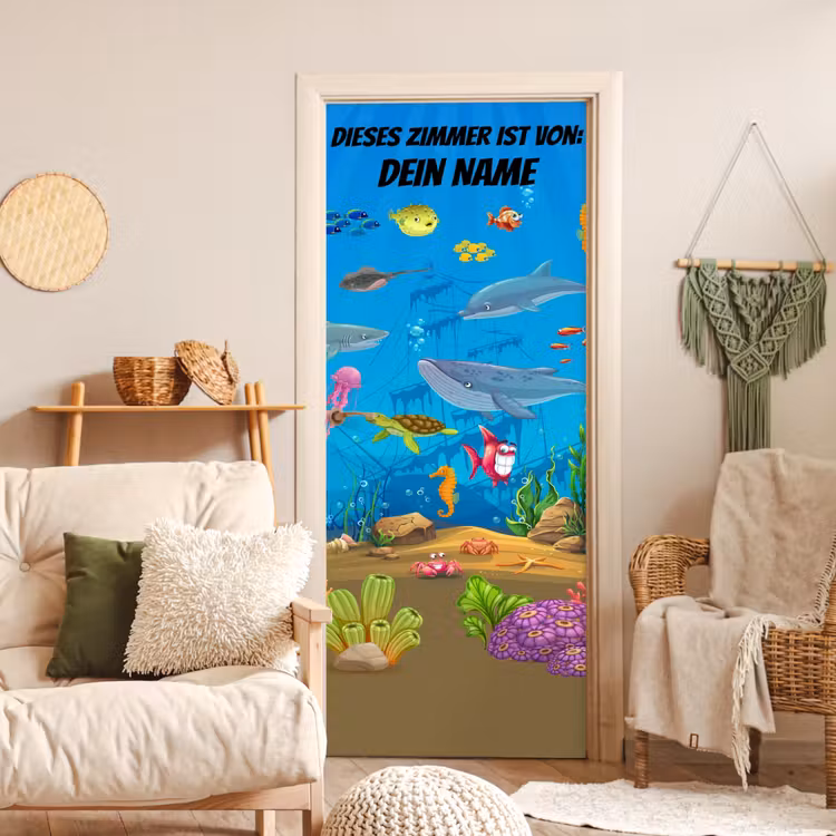 Bunte Unterwasserwelt mit Tieren und Namensfeld. deurposter klein -sfeer2