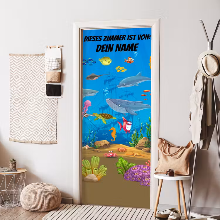 Bunte Unterwasserwelt mit Tieren und Namensfeld. deurposter klein -sfeer6