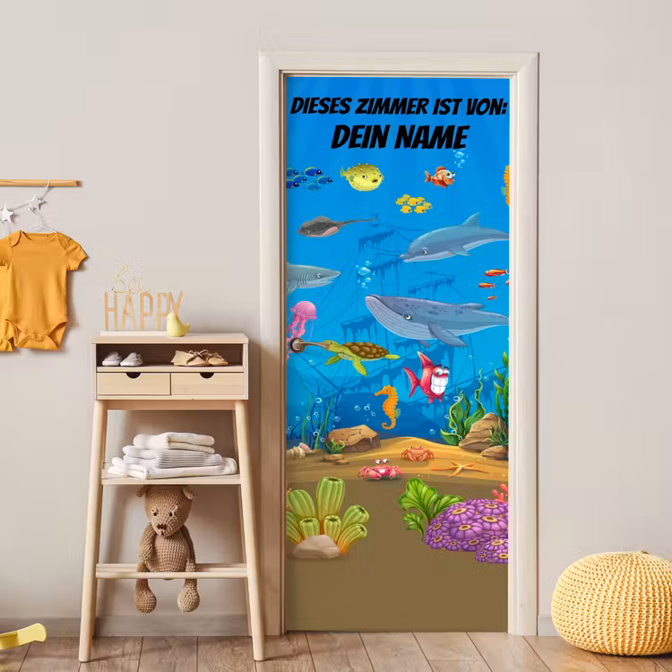 Bunte Unterwasserwelt mit Tieren und Namensfeld. deurposter klein -sfeer4