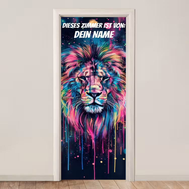 Bunter Löwe im Neon-/Graffiti-Stil mit personalisierbarem Namensfeld. deurposter klein -3d_beige