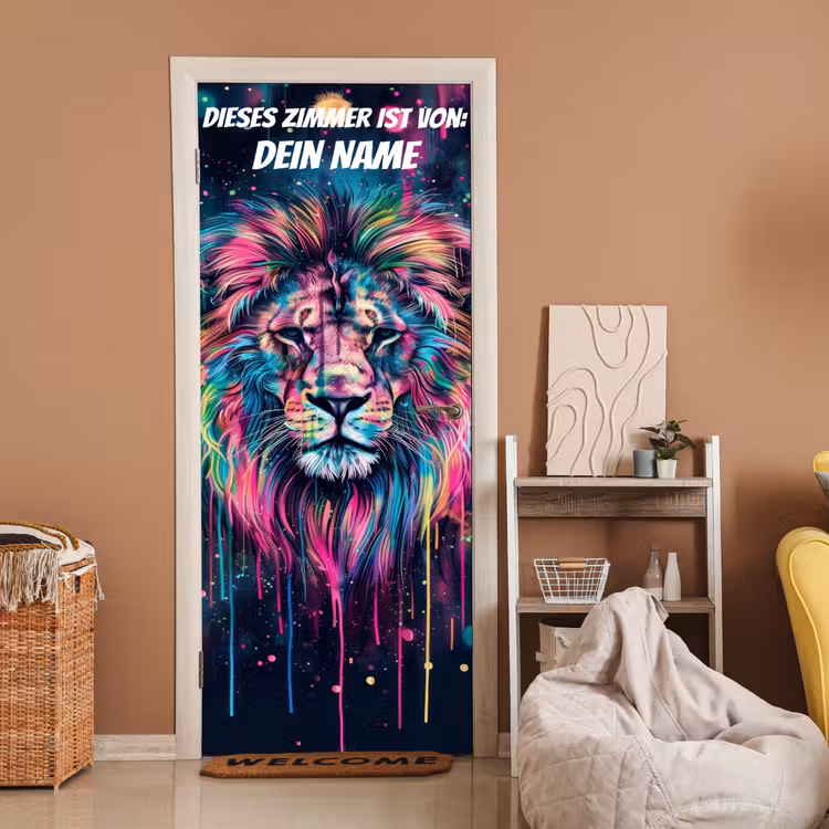 Bunter Löwe im Neon-/Graffiti-Stil mit personalisierbarem Namensfeld. deurposter klein -sfeer1