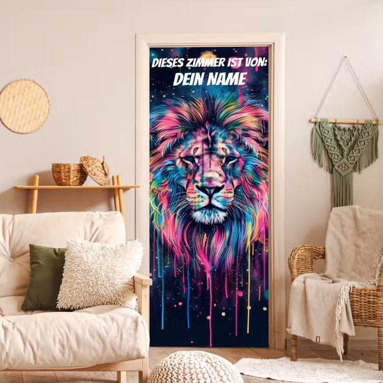 Bunter Löwe im Neon-/Graffiti-Stil mit personalisierbarem Namensfeld. deurposter klein -sfeer2